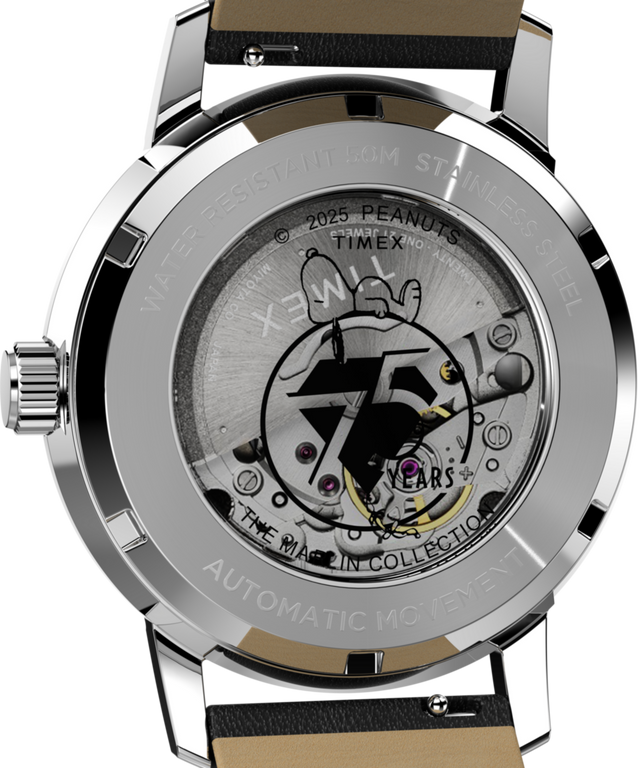 TW2Y10000 Timex x Peanuts® Marlin® Automatic 75th Anniversary Edition 40mm Leather Strap Watch Caseback Image
