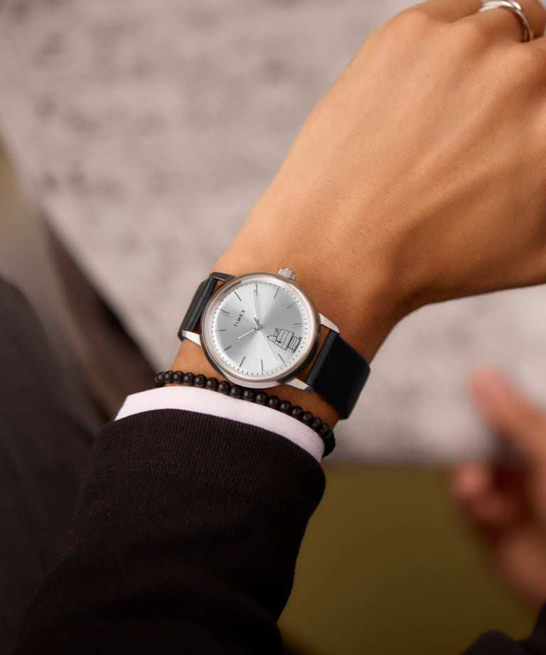 TW2Y10000 Timex x Peanuts® Marlin® Automatic 75th Anniversary Edition 40mm Leather Strap Watch Primary Wrist Image