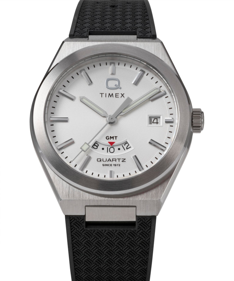TW2Y12200 Q Timex® Continental GMT 39mm Synthetic Rubber Strap Watch  Campaign Key Silhouettes (Beauty shots) Image