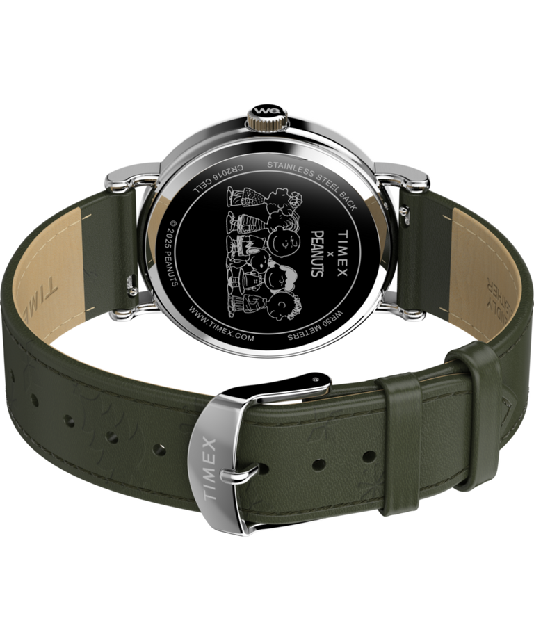 TW2Y12400 Peanuts® x Timex Weekender Holiday Dial 40mm Leather Strap Watch Caseback with Attachment Image