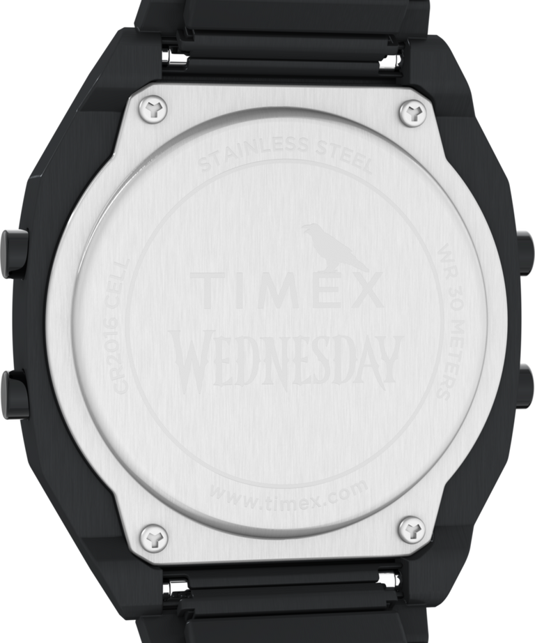 TW2Y19500 Timex x Wednesday T80 36mm Stainless Steel Black and Purple Expansion Band Watch Caseback Image