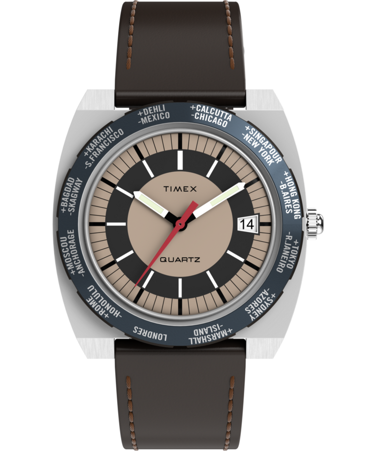 TW2Y31300 Q Timex® 1972 World Time 39mm Leather Strap Watch Primary Image