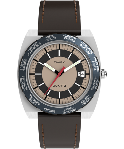 TW2Y31300 Q Timex® 1972 World Time 39mm Leather Strap Watch Primary Image