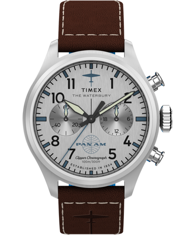 TW2Y38700 Timex x Pan Am® Waterbury Ace Chronograph 41mm Leather Strap Watch Primary Image