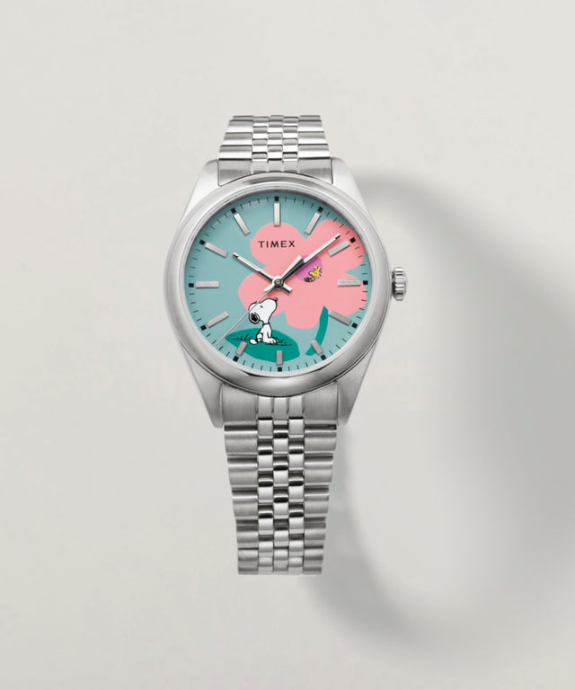 TW2Y52600 Peanuts® x Timex Legacy Snoopy with Flower Dial 36mm Stainless Steel Bracelet Watch   Campaign Key Silhouettes (Beauty shots) Image