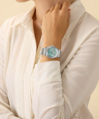 TW2Y52700 Peanuts® x Q Timex® 36mm Stainless Steel Expansion Band Watch Alt Wrist Shot 1 Image