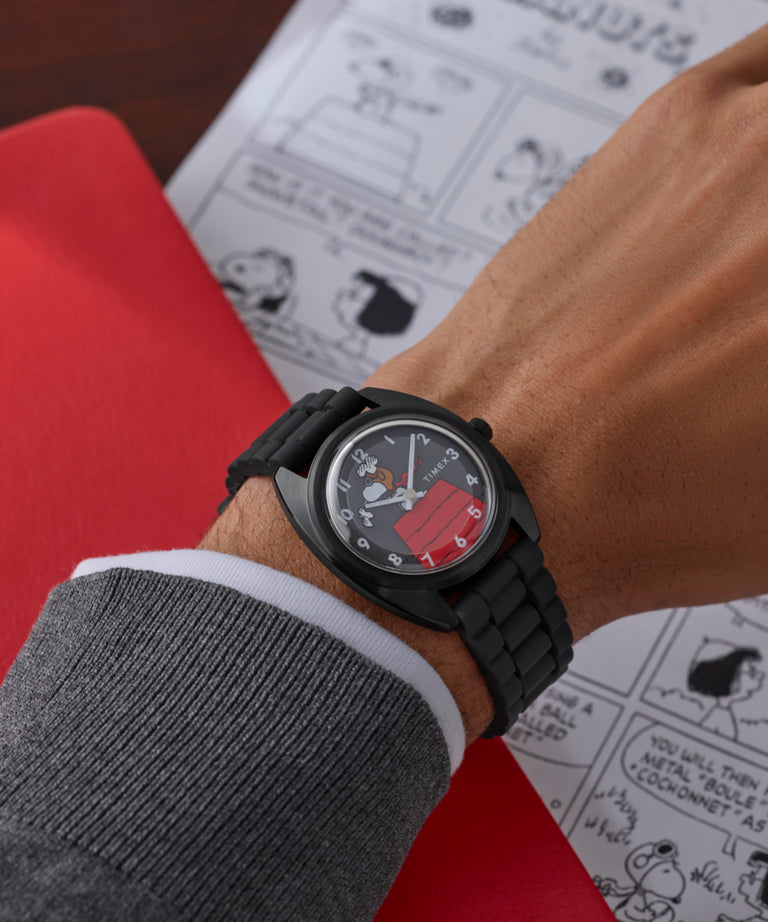 TW2Y70900 Peanuts® x Timex 1979 Reissue Inspired 37mm Silicone Strap Watch Primary Wrist Image