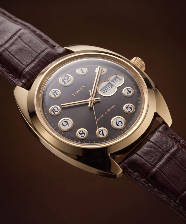 TW2Y82100 Timex® 1976 Rotary Phone Dial Reissue 37mm Leather Strap Watch   Alt Beauty Shot 4