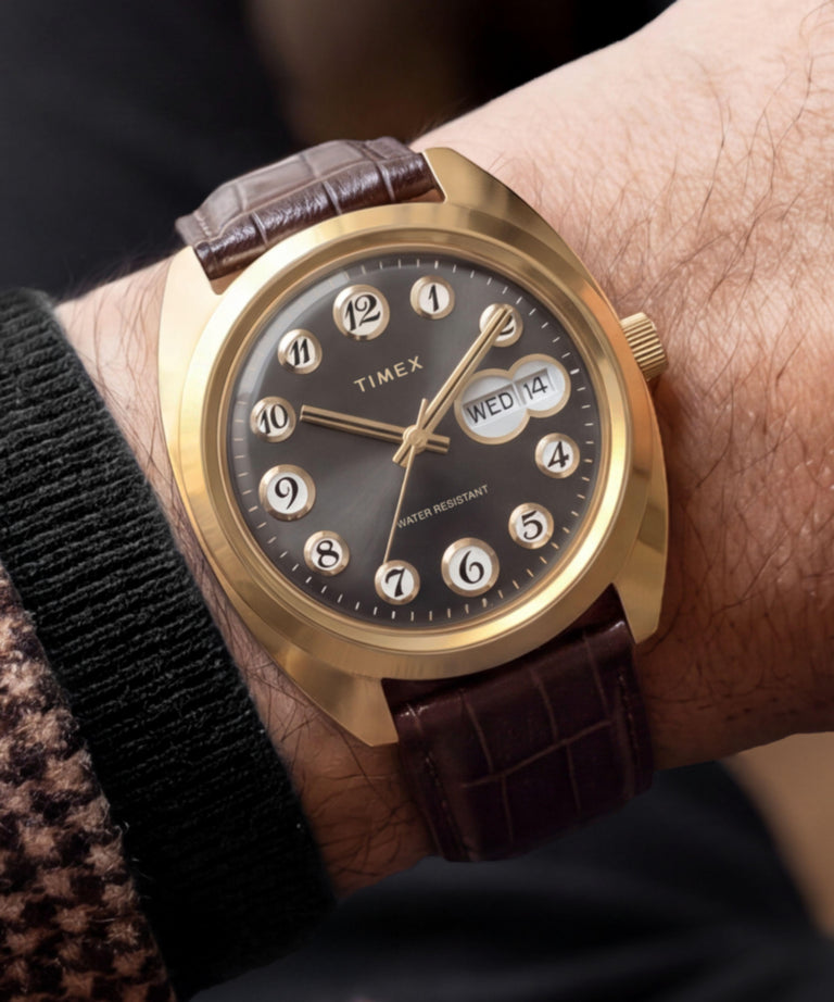 TW2Y82100 Timex® 1976 Rotary Phone Dial Reissue 37mm Leather Strap Watch   Primary Wrist Image