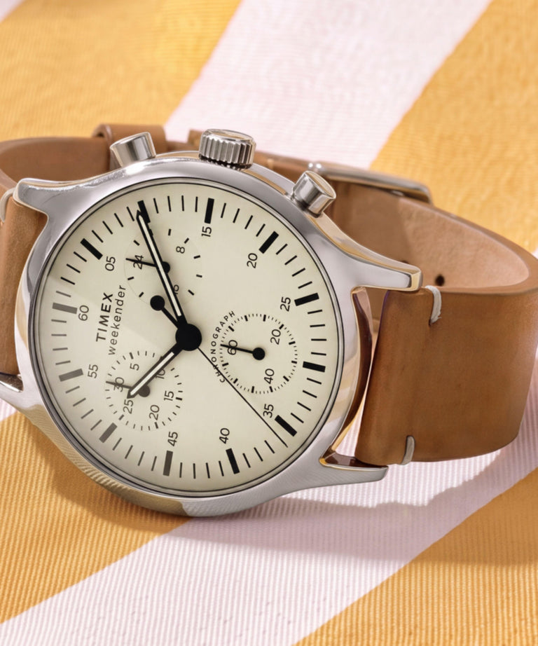 TW2Y85000 Timex Weekender® New England Chronograph 40mm Leather Strap Watch   Campaign Key Silhouettes (Beauty shots) Image