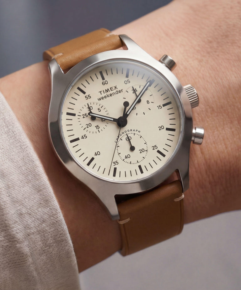 TW2Y85000 Timex Weekender® New England Chronograph 40mm Leather Strap Watch   Primary Wrist Image