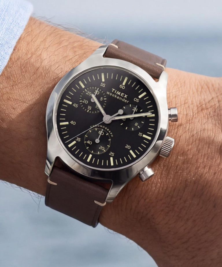 TW2Y85200 Timex Weekender® New England Chronograph 40mm Leather Strap Watch Primary Wrist Image