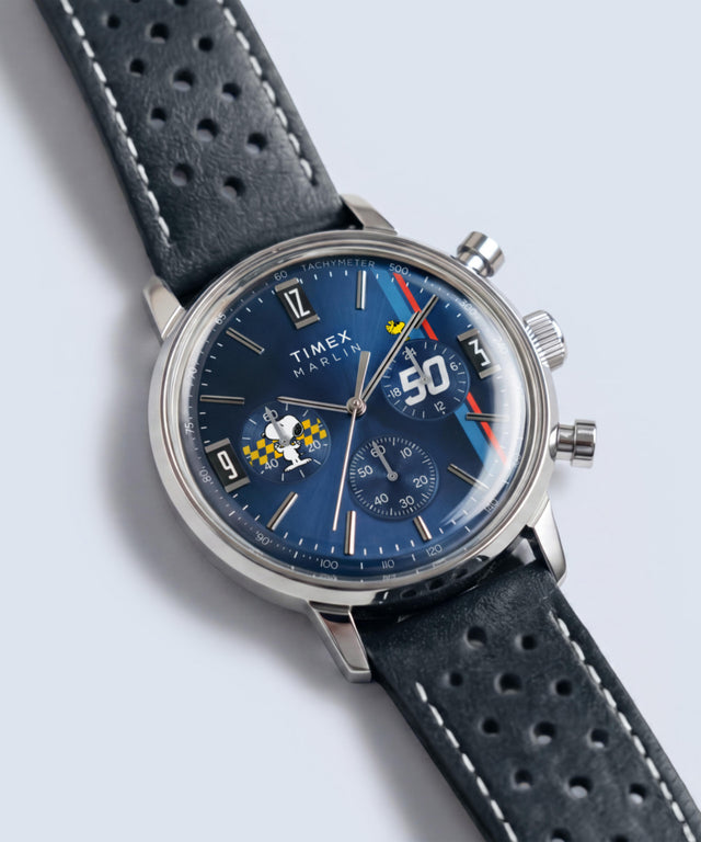 TW2Y85300 Peanuts® x Timex Marlin® Chronograph 40mm Leather Strap Watch  Campaign Key Silhouettes (Beauty shots) Image