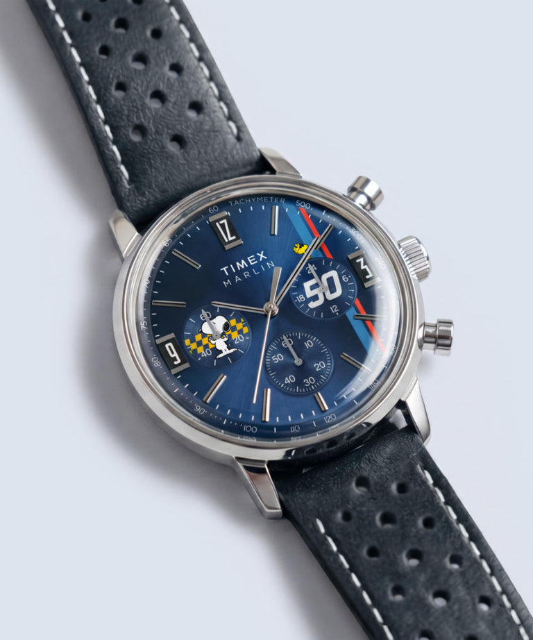 TW2Y85300 Peanuts® x Timex Marlin® Chronograph 40mm Leather Strap Watch  Campaign Key Silhouettes (Beauty shots) Image