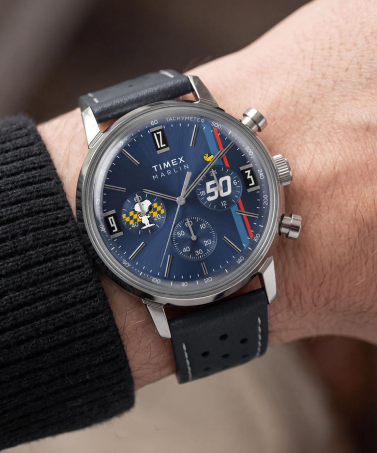 TW2Y85300 Peanuts® x Timex Marlin® Chronograph 40mm Leather Strap Watch  Primary Wrist Image