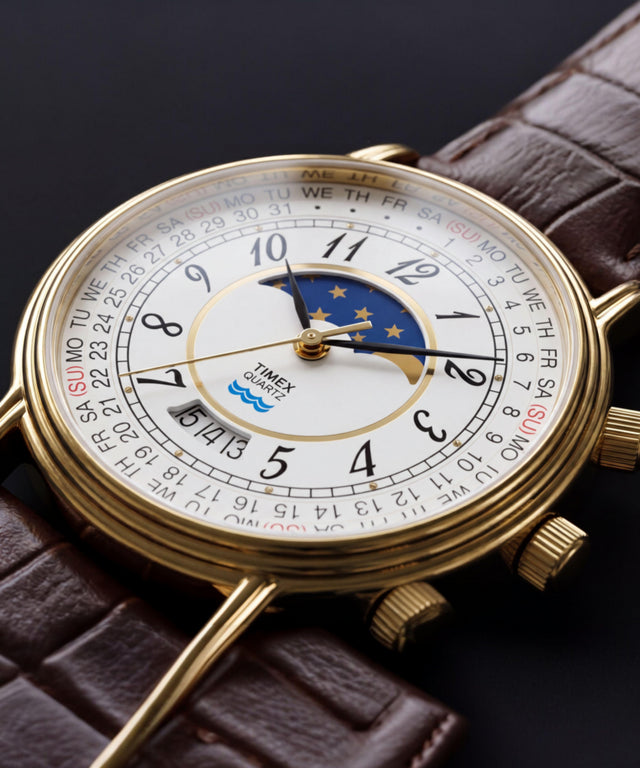 TW2Y99000 Timex 1990 Moon Phase and Calendar Dial Reissue 37mm Leather Strap Watch Alt Beauty Shot 4
