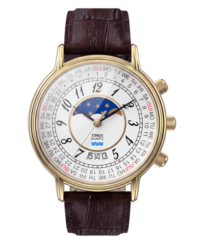 TW2Y99000 Timex 1990 Moon Phase Reissue 37mm Leather Strap Watch Primary Image