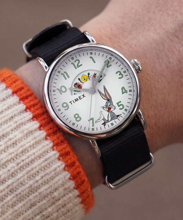TW2Y99100 Looney Tunes Bugs and Friends x Timex Standard 40mm Fabric Strap Watch Primary Wrist Image