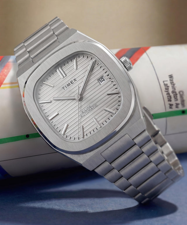 TW6A00500 Timex® Automatic E Line 38mm Stainless Steel Bracelet Watch Campaign Key Silhouettes (Beauty shots) Image