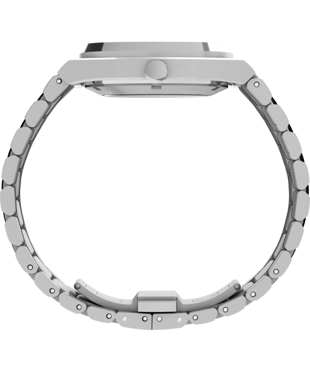 Side profile showing stainless-steel case and integrated bracelet of Timex E Line
