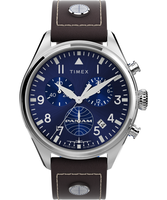 TWG030000 Timex X Pan Am Chronograph 42mm Leather Strap Watch Primary Image