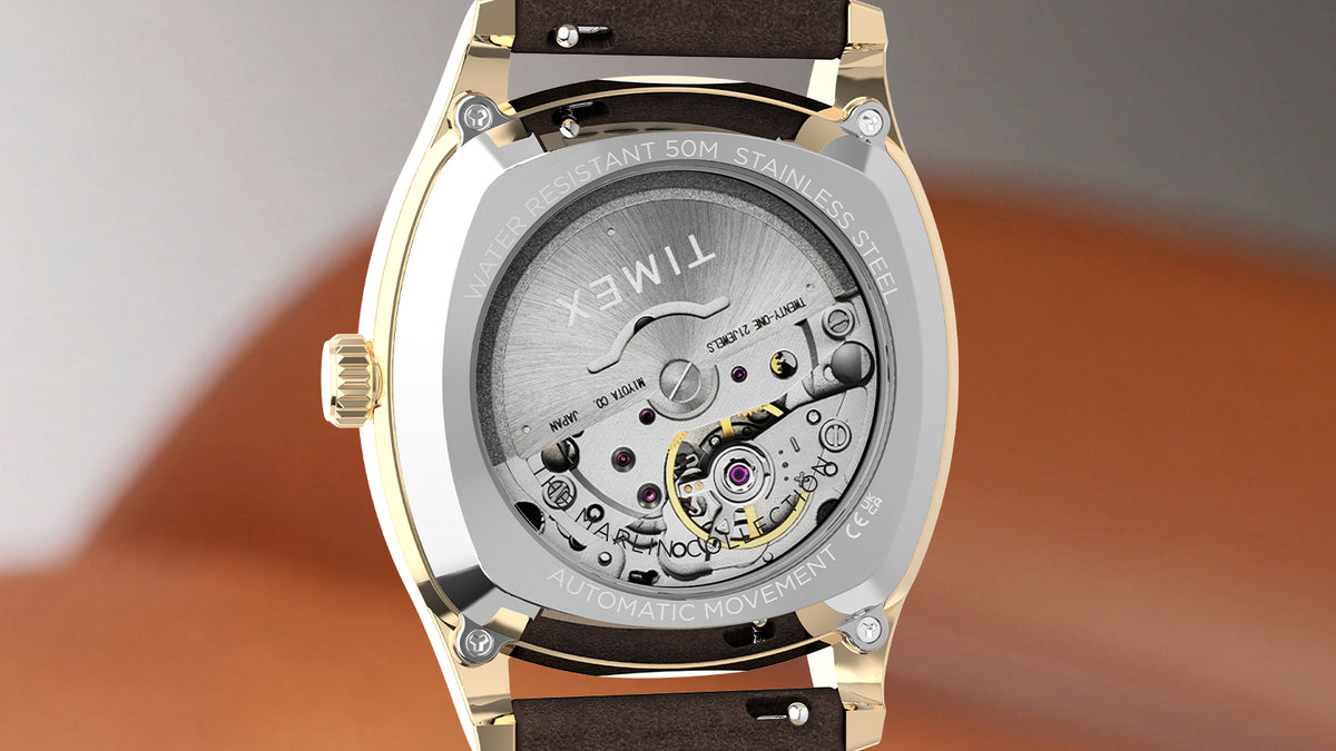 TW2Y84500 Exhibition case back of the Marlin® Chatham Automatic watch revealing its 24-jewel automatic movement.