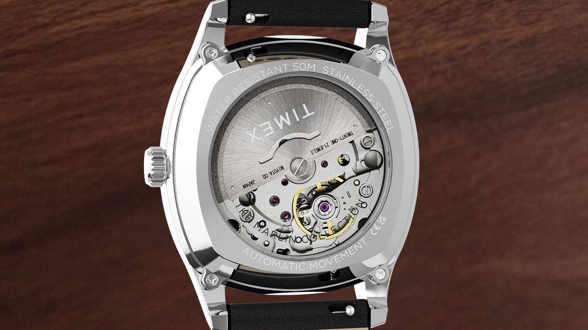 TW2Y84300 Exhibition case back of the Marlin® Chatham Automatic watch revealing its 24-jewel automatic movement.
