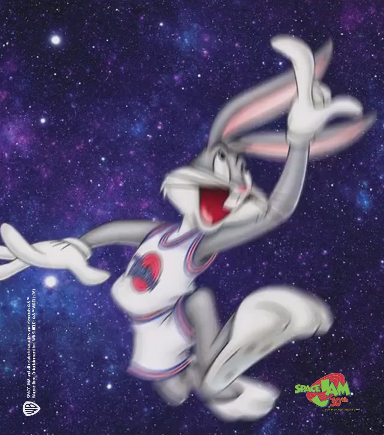 Video of Space Jam x Timex Q 30th Anniversary Limited Edition watch showcasing stainless steel bracelet, rotating bezel, Bugs Bunny basketball dial, and glow-in-the-dark details against a space-themed background