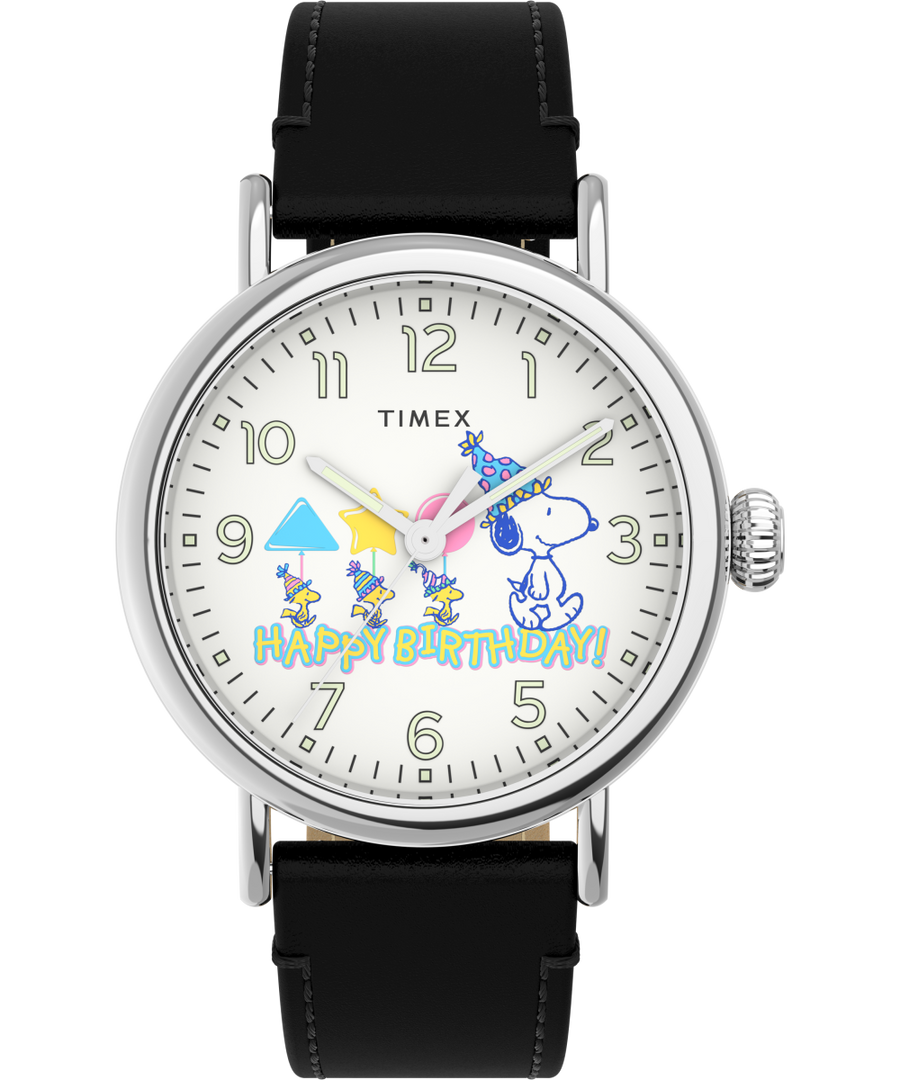 TW2V61000UK Timex Standard x Peanuts Featuring Snoopy Happy Birthday 40mm Leather Strap Watch primary image