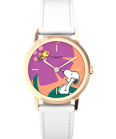 TW2V91200 Timex Marlin® Hand-Wound x Snoopy Floral 34mm Leather Strap Watch Primary Image